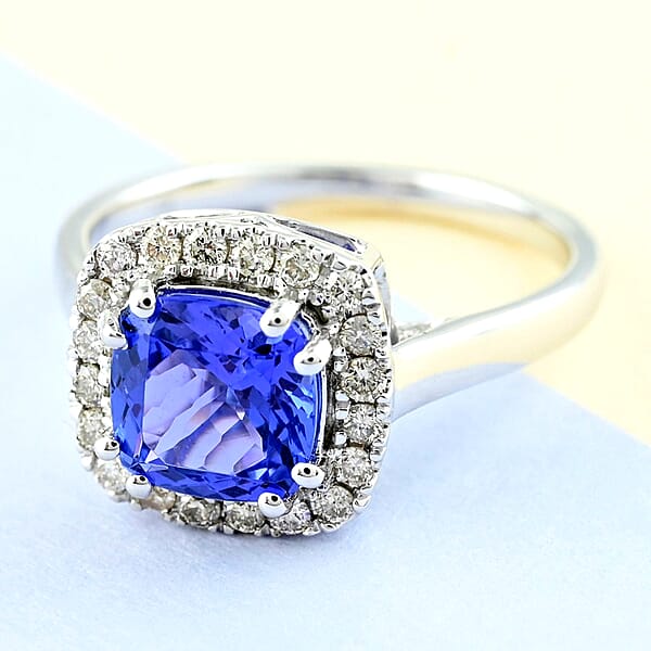 Certified & Appraised Luxoro 14K White Gold AAA Tanzanite Diamond Halo Ring Wedding Rings For Women Promise Rings 2.20 Ctw (Del. In 10-15 Days)