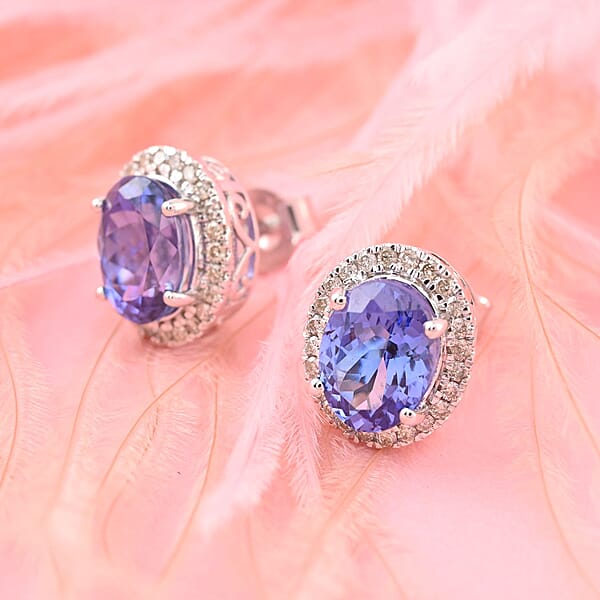 Certified & Appraised Luxoro 14K White Gold AAA Tanzanite And G-H I2 Diamond Halo Stud Earrings 3.75 Ctw