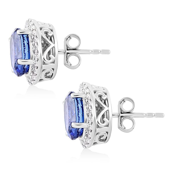 Certified & Appraised Luxoro 14K White Gold AAA Tanzanite And G-H I2 Diamond Halo Stud Earrings 3.75 Ctw