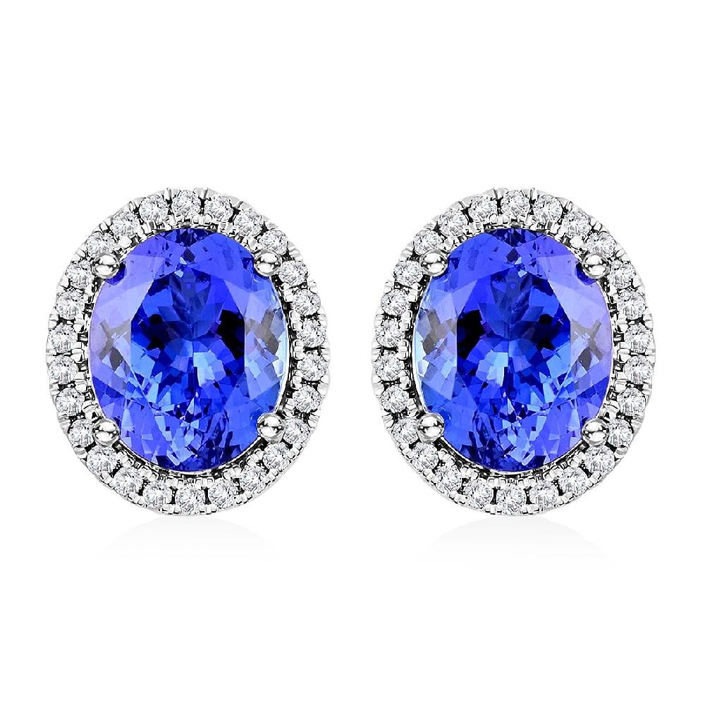 Certified & Appraised Luxoro 14K White Gold AAA Tanzanite and G-H I2 Diamond Halo Stud Earrings 3.75 ctw
