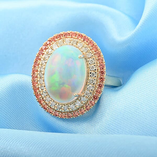 Certified & Appraised Luxoro 14K Yellow Gold AAA Ethiopian Welo Opal Songea Sapphire And G-H I2 Diamond Ring 6.20 Grams 4.50 Ctw