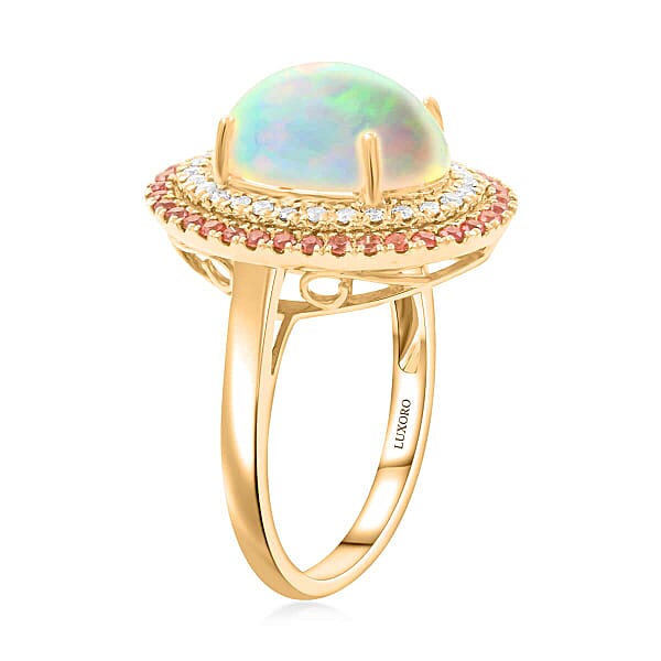 Certified & Appraised Luxoro 14K Yellow Gold AAA Ethiopian Welo Opal Songea Sapphire And G-H I2 Diamond Ring 6.20 Grams 4.50 Ctw