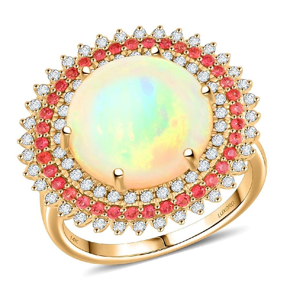 Certified & Appraised Luxoro 14K Yellow Gold AAA Ethiopian Welo Opal Padparadscha Sapphire and Diamond (G-H I2) (0.56 cts) Ring (6.54 g) 6.25 ctw