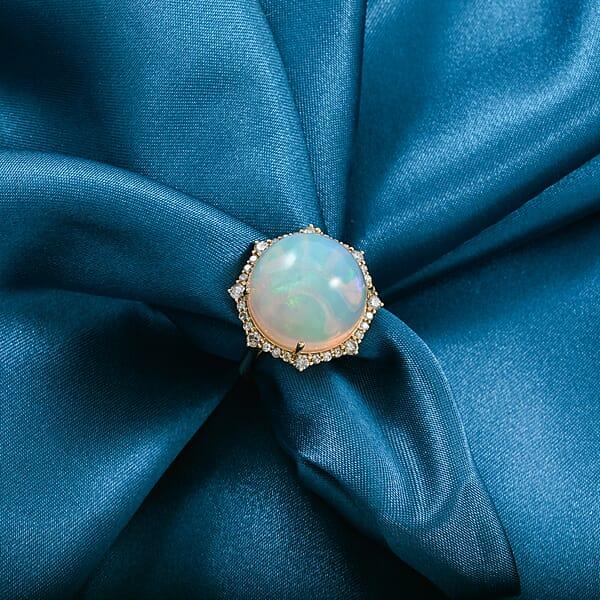 Certified & Appraised Luxoro 14K Yellow Gold AAA Ethiopian Welo Opal And Diamond Ring 4.60 Grams 11.60 Ctw
