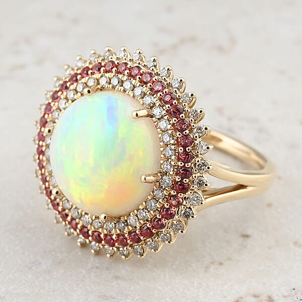 Certified & Appraised Luxoro 14K Yellow Gold AAA Ethiopian Welo Opal Padparadscha Sapphire And Diamond (G-H I2) (0.56 Cts) Ring (6.54 G) 6.25 Ctw