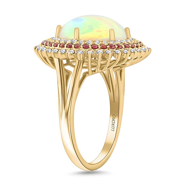 Certified & Appraised Luxoro 14K Yellow Gold AAA Ethiopian Welo Opal Padparadscha Sapphire And Diamond (G-H I2) (0.56 Cts) Ring (6.54 G) 6.25 Ctw