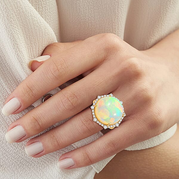 Certified & Appraised Luxoro 14K Yellow Gold AAA Ethiopian Welo Opal Diamond (G-H I2) (0.51 Cts) Ring (4.60 G) 11.60 Ctw