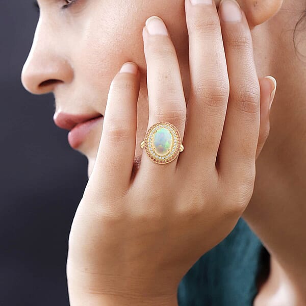 Certified & Appraised Luxoro 14K Yellow Gold AAA Ethiopian Welo Opal Songea Sapphire And G-H I2 Diamond Ring 6.20 Grams 4.50 Ctw