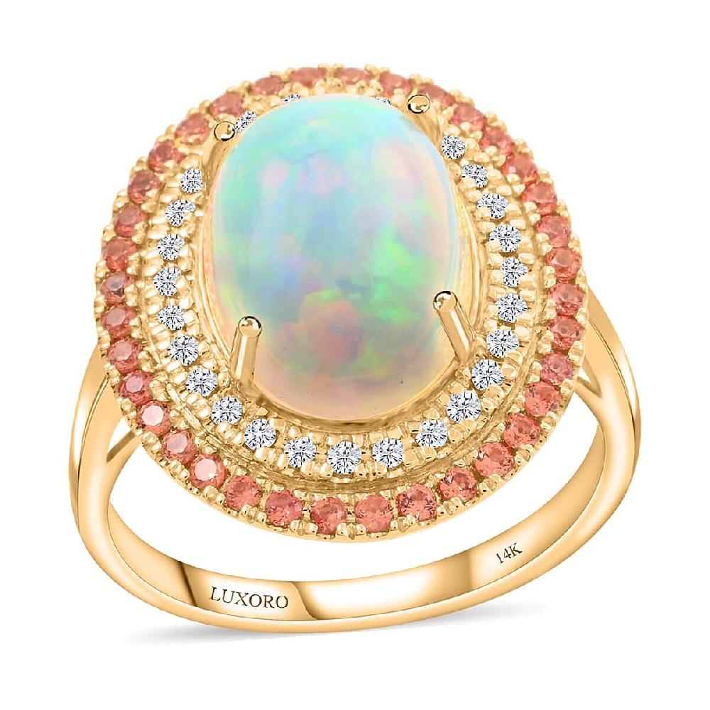 Certified & Appraised Luxoro 14K Yellow Gold AAA Ethiopian Welo Opal Songea Sapphire and G-H I2 Diamond Ring 6.20 Grams 4.50 ctw