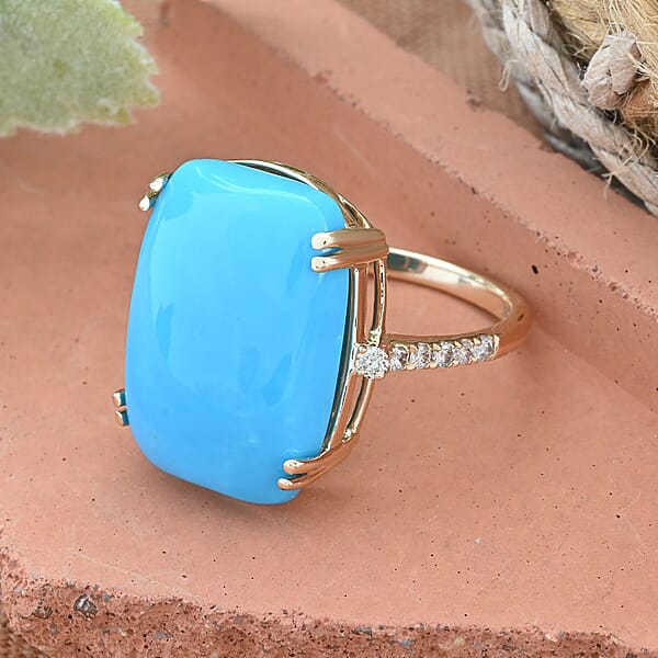 Certified & Appraised Luxoro 14K Yellow Gold AAA Sleeping Beauty Turquoise And G-H I2 Diamond Ring 11.00 Ctw