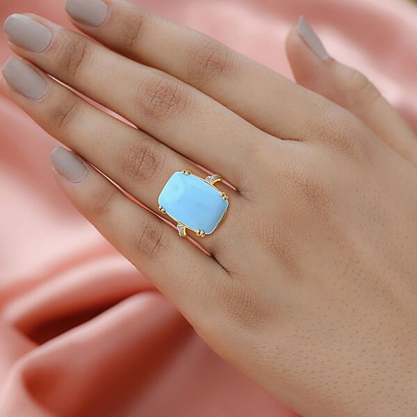 Certified & Appraised Luxoro 14K Yellow Gold AAA Sleeping Beauty Turquoise And G-H I2 Diamond Ring 11.00 Ctw