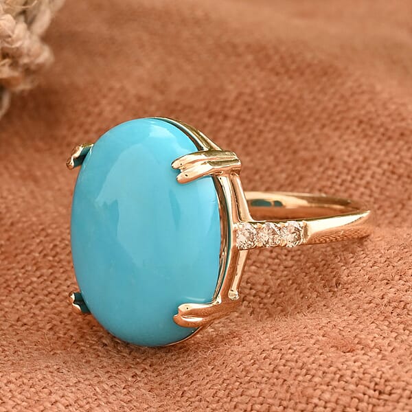 Certified & Appraised Luxoro 14K Yellow Gold AAA Sleeping Beauty Turquoise And G-H I2 Diamond Ring 8.00 Ctw
