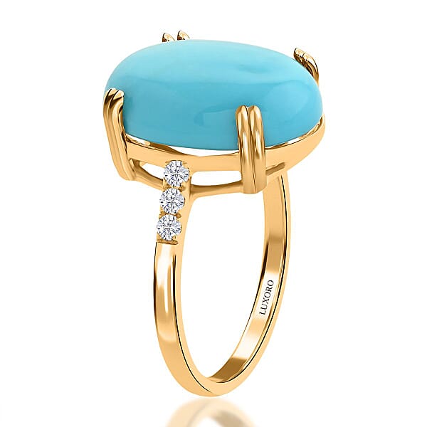 Certified & Appraised Luxoro 14K Yellow Gold AAA Sleeping Beauty Turquoise And G-H I2 Diamond Ring 8.00 Ctw