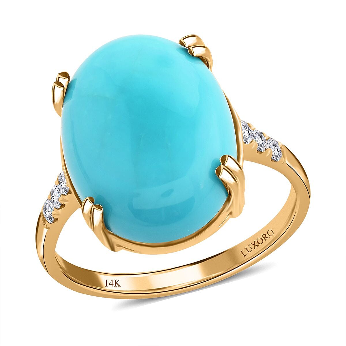Certified & Appraised Luxoro 14K Yellow Gold AAA Sleeping Beauty Turquoise and G-H I2 Diamond Ring 8.00 ctw