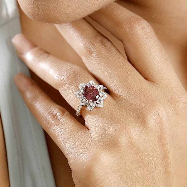 Certified & Appraised Luxoro 14K Yellow Gold AAAA Akwanga Rubellite Diamond (G-H I2) (0.53 Cts) Floral Ring (4.50 G) 2.73 Ctw