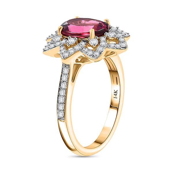 Certified & Appraised Luxoro 14K Yellow Gold AAAA Akwanga Rubellite Diamond (G-H I2) (0.53 Cts) Floral Ring (4.50 G) 2.73 Ctw
