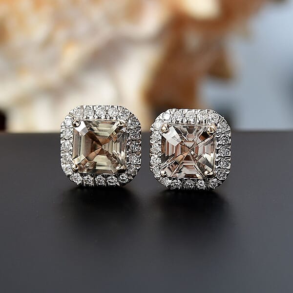 Certified & Appraised Luxoro AAA Asscher Cut Turkizite And G-H I2 Diamond 3.00 Ctw Halo Stud Earrings In 14K Yellow Gold (Del. In 10-15 Days)
