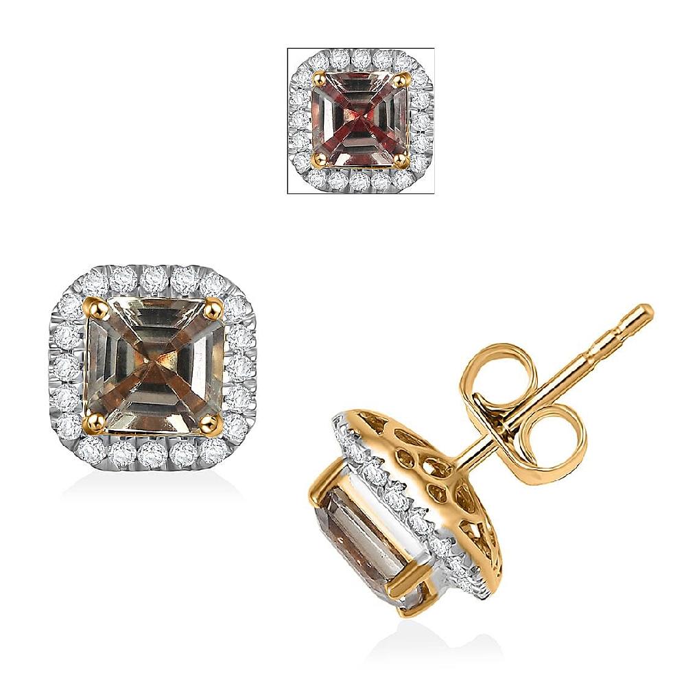 Certified & Appraised Luxoro AAA Asscher Cut Turkizite and G-H I2 Diamond 3.00 ctw Halo Stud Earrings in 14K Yellow Gold (Del. in 10-15 Days)