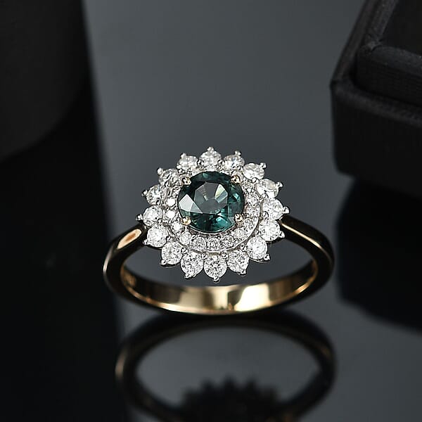Certified & Appraised Luxoro AAA Australian Sapphire And G-H I2 Diamond 1.85 Ctw Floral Ring In 14K Yellow Gold