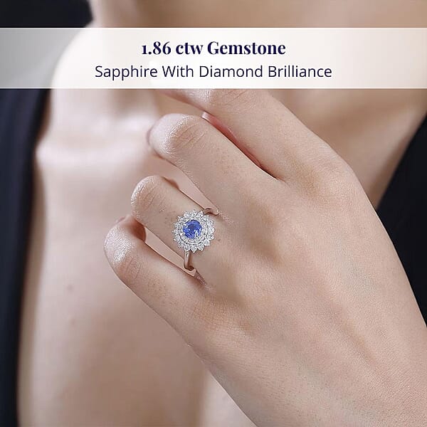Certified & Appraised Luxoro AAA Blue Sapphire And G-H I2 Diamond 1.86 Ctw Floral Ring In 14K White Gold