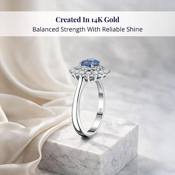 Certified & Appraised Luxoro AAA Blue Sapphire And G-H I2 Diamond 1.86 Ctw Floral Ring In 14K White Gold