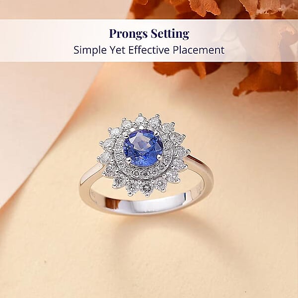 Certified & Appraised Luxoro AAA Blue Sapphire And G-H I2 Diamond 1.86 Ctw Floral Ring In 14K White Gold