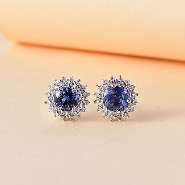 Certified & Appraised Luxoro AAA Blue Sapphire And G-H I2 Diamond 1.97 Ctw Sunburst Stud Earrings In 14K White Gold