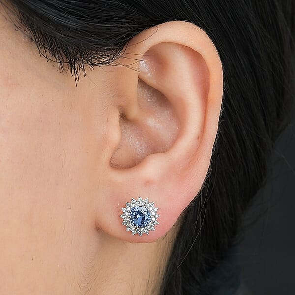 Certified & Appraised Luxoro AAA Blue Sapphire And G-H I2 Diamond 1.97 Ctw Sunburst Stud Earrings In 14K White Gold