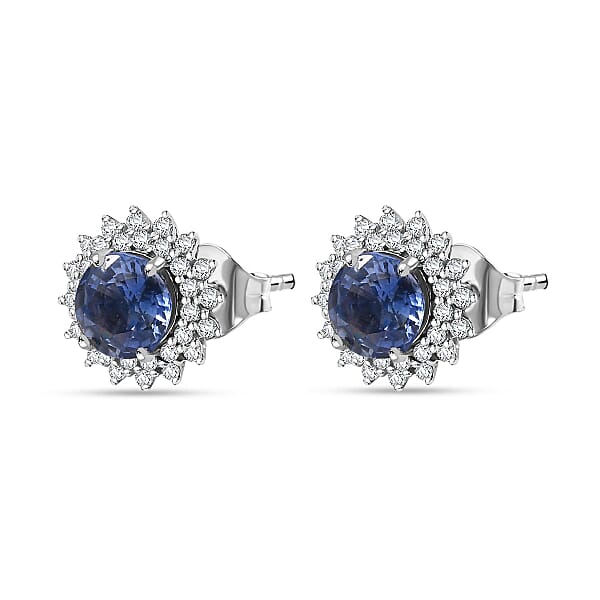 Certified & Appraised Luxoro AAA Blue Sapphire And G-H I2 Diamond 1.97 Ctw Sunburst Stud Earrings In 14K White Gold