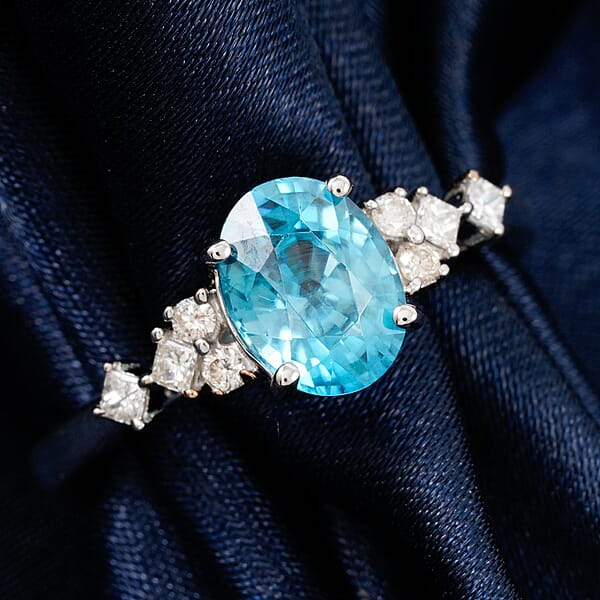 Certified & Appraised Luxoro AAA Cambodian Blue Zircon And G-H I2 Diamond 2.00 Ctw Ring In 14K White Gold