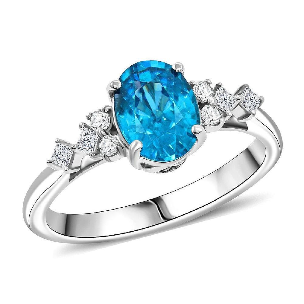 Certified & Appraised Luxoro AAA Cambodian Blue Zircon and G-H I2 Diamond 2.00 ctw Ring in 14K White Gold