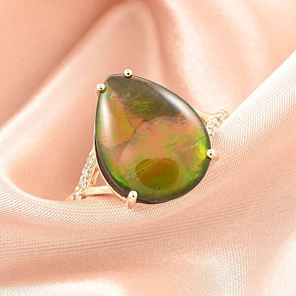 Certified & Appraised Luxoro AAA Canadian Ammolite And G-H I2 Diamond 0.10 Ctw Ring In 10K Yellow Gold