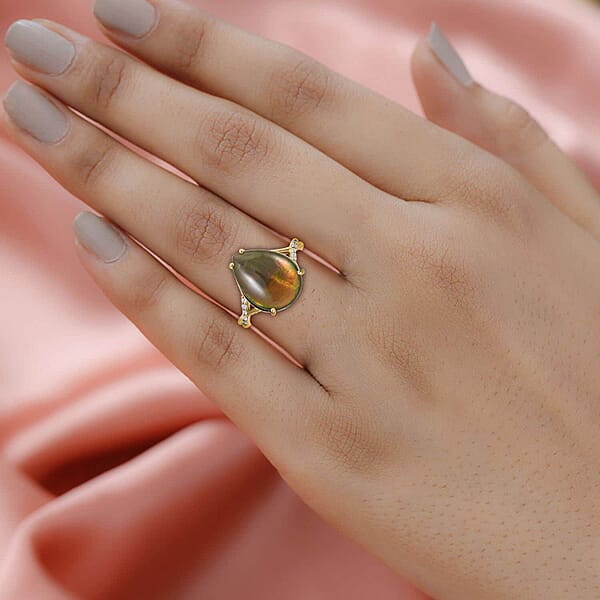 Certified & Appraised Luxoro AAA Canadian Ammolite And G-H I2 Diamond 0.10 Ctw Ring In 10K Yellow Gold