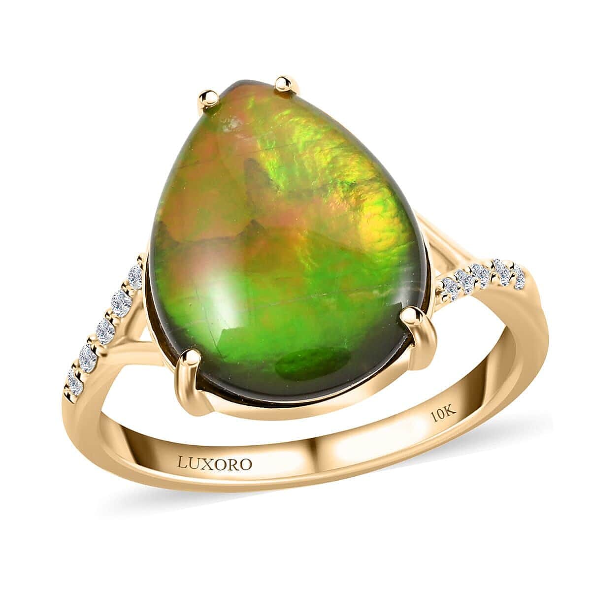 Certified & Appraised Luxoro AAA Canadian Ammolite and G-H I2 Diamond 0.10 ctw Ring in 10K Yellow Gold