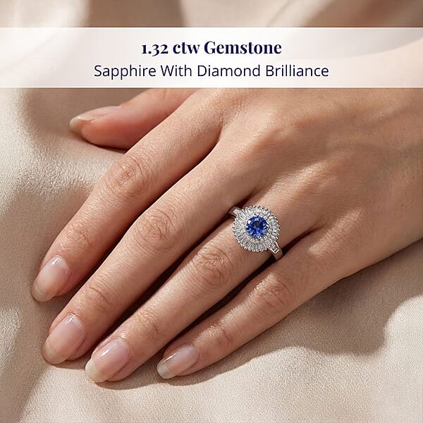 Certified & Appraised Luxoro AAA Ceylon Blue Sapphire And G-H I2 Diamond 1.32 Ctw Double Halo Ring In 14K White Gold 4.05 Grams