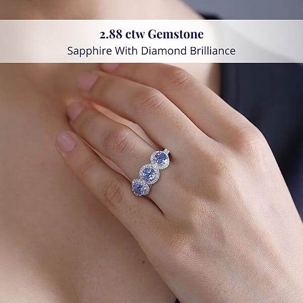 Certified & Appraised Luxoro AAA Ceylon Blue Sapphire And G-H I2 Diamond 2.88 Ctw Triple Halo Ring In 14K White Gold 4.37 Grams