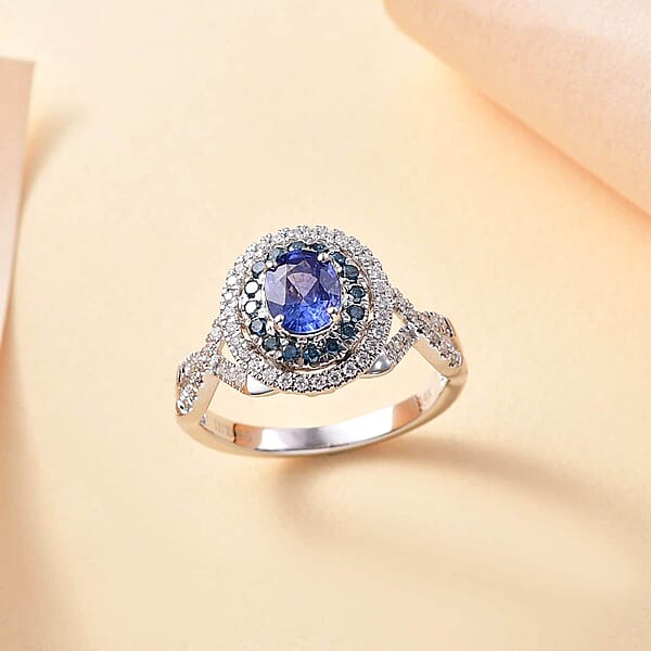 Certified & Appraised Luxoro AAA Ceylon Blue Sapphire Blue And I2 White Diamond 1.70 Ctw Ring In 14K White Gold 4.60 Grams