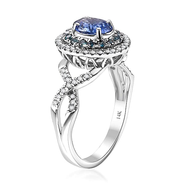 Certified & Appraised Luxoro AAA Ceylon Blue Sapphire Blue And I2 White Diamond 1.70 Ctw Ring In 14K White Gold 4.60 Grams