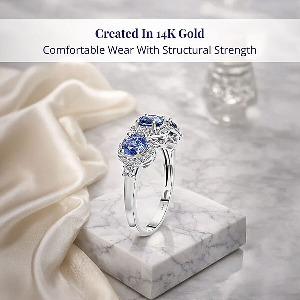 Certified & Appraised Luxoro AAA Ceylon Blue Sapphire And G-H I2 Diamond 2.88 Ctw Triple Halo Ring In 14K White Gold 4.37 Grams