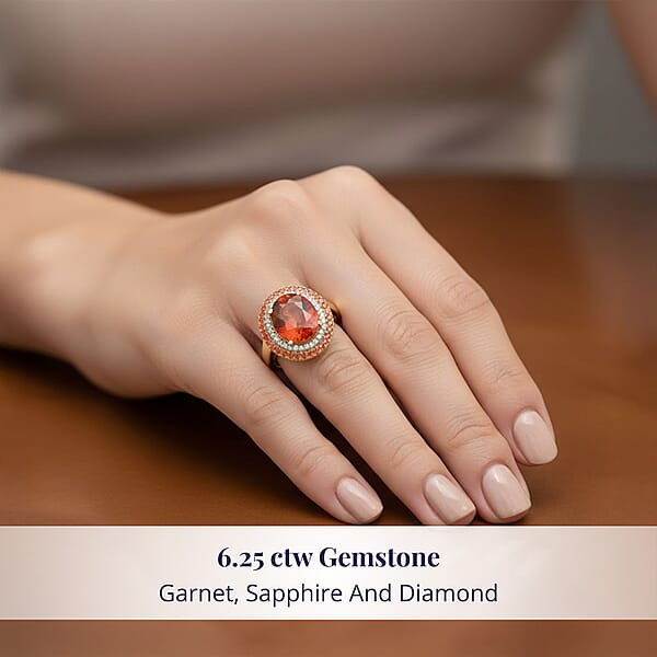 Certified & Appraised Luxoro AAA Ceylon Hessonite Garnet Padparadscha Sapphire And I2 Diamond 6.25 Ctw Ring In 10K Yellow Gold 5.10 Grams