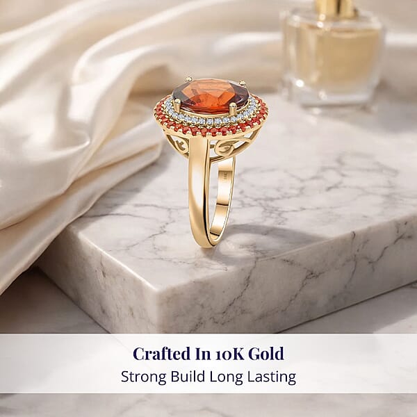 Certified & Appraised Luxoro AAA Ceylon Hessonite Garnet Padparadscha Sapphire And I2 Diamond 6.25 Ctw Ring In 10K Yellow Gold 5.10 Grams