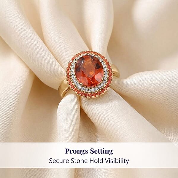 Certified & Appraised Luxoro AAA Ceylon Hessonite Garnet Padparadscha Sapphire And I2 Diamond 6.25 Ctw Ring In 10K Yellow Gold 5.10 Grams