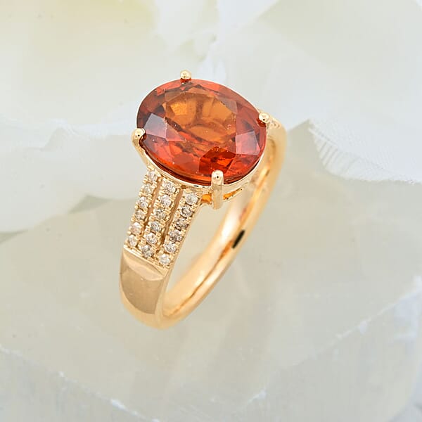 Certified & Appraised Luxoro AAA Ceylon Hessonite Garnet And G-H I2 Diamond 5.00 Ctw Ring In 10K Yellow Gold 4.25 Grams