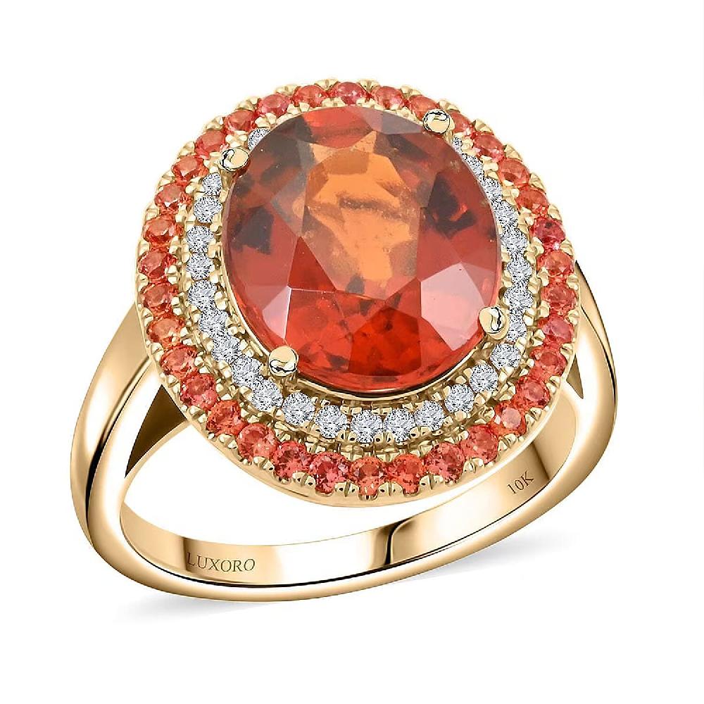Certified & Appraised Luxoro AAA Ceylon Hessonite Garnet Padparadscha Sapphire And I2 Diamond 6.25 Ctw Ring In 10K Yellow Gold 5.10 Grams