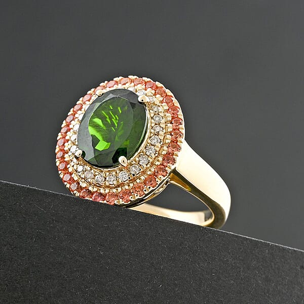Certified & Appraised Luxoro AAA Chrome Diopside Padparadscha Sapphire (BT) And I2 Diamond 3.00 Ctw Ring In 10K Yellow Gold 6 Grams