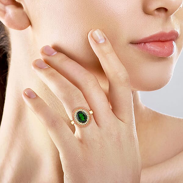 Certified & Appraised Luxoro AAA Chrome Diopside Padparadscha Sapphire (BT) And I2 Diamond 3.00 Ctw Ring In 10K Yellow Gold 6 Grams