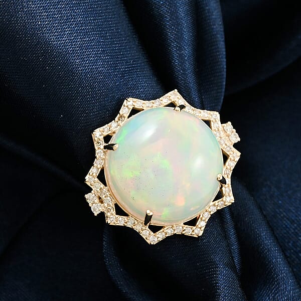 Certified & Appraised Luxoro AAA Ethiopian Welo Opal And White Diamond I2 11.20 Ctw Ring In 10K Yellow Gold