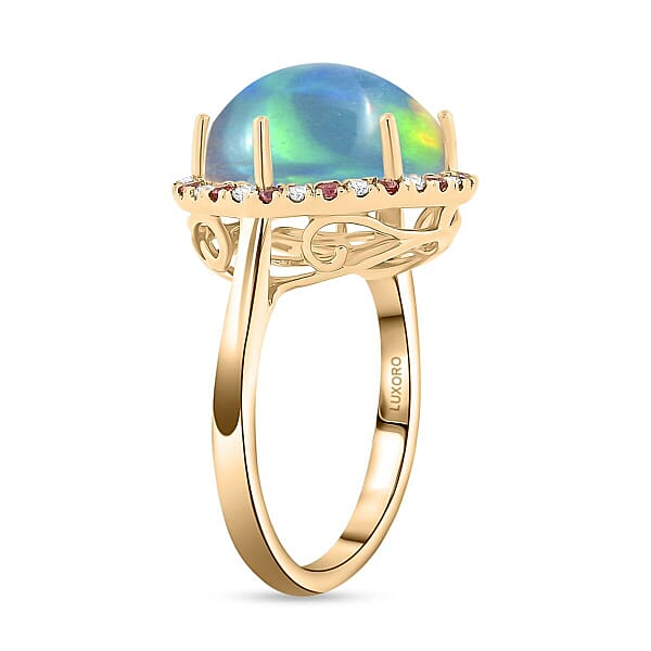 Certified & Appraised Luxoro AAA Ethiopian Welo Opal Padparadscha Sapphire And G-H I2 Diamond 7.30 Ctw Ring In 14K Yellow Gold 4.30 Grams