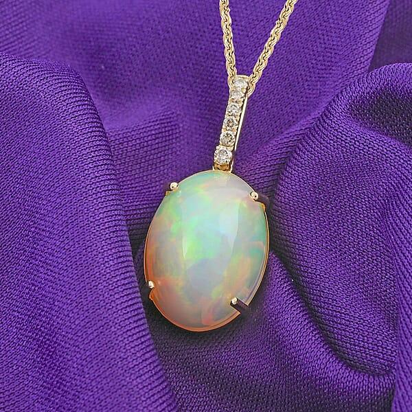 Certified & Appraised Luxoro AAA Ethiopian Welo Opal And G-H I2 Diamond 6.94 Ctw Pendant Necklace In 10K Yellow Gold 18 Inches