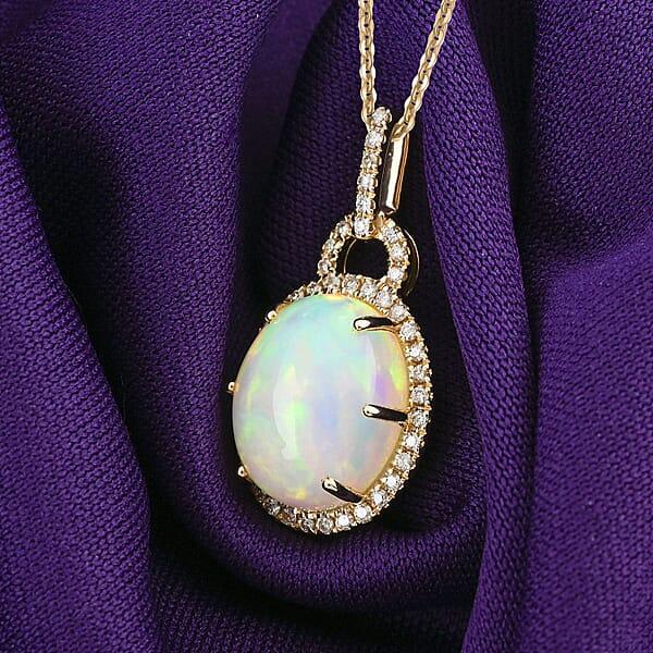 Certified & Appraised Luxoro AAA Ethiopian Welo Opal And G-H I2 Diamond 3.60 Ctw Pendant Necklace In 10K Yellow Gold 18 Inches